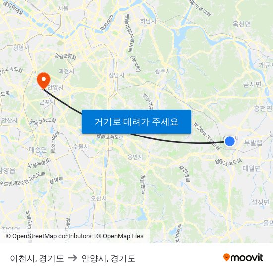 이천시, 경기도 to 안양시, 경기도 map