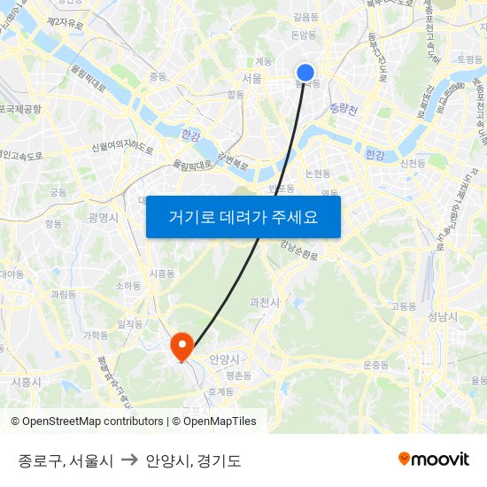 종로구, 서울시 to 안양시, 경기도 map