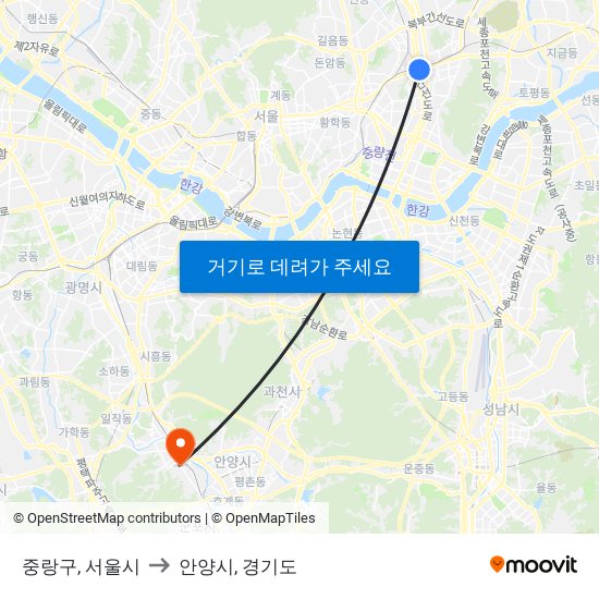 중랑구, 서울시 to 안양시, 경기도 map