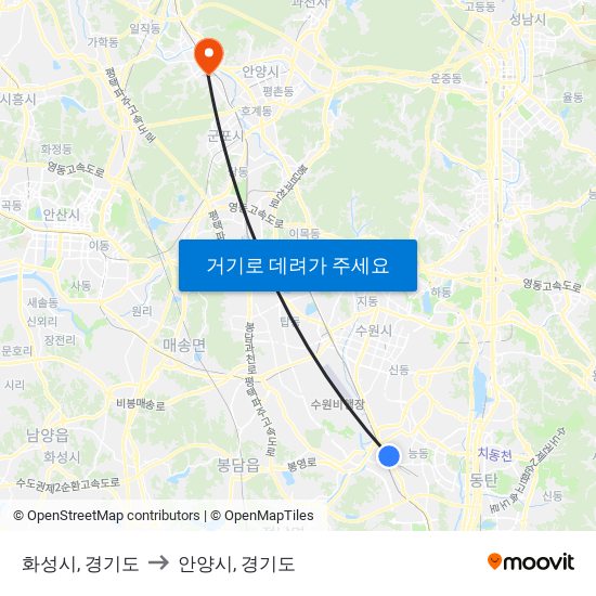 화성시, 경기도 to 안양시, 경기도 map