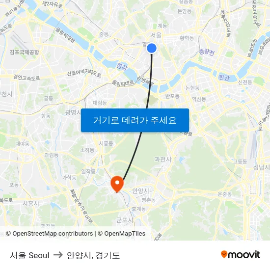 서울 Seoul to 안양시, 경기도 map