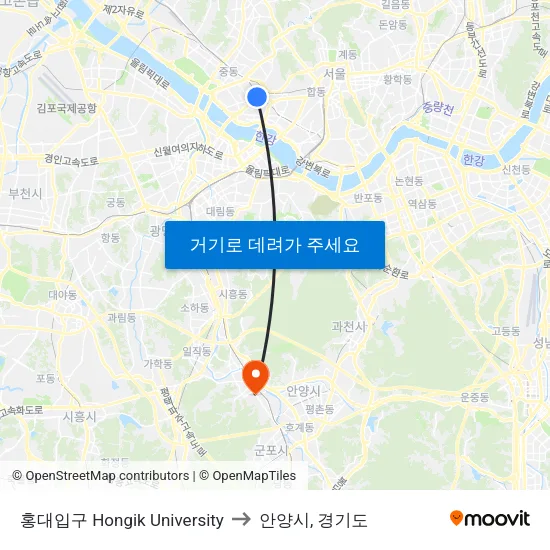 홍대입구 Hongik University to 안양시, 경기도 map