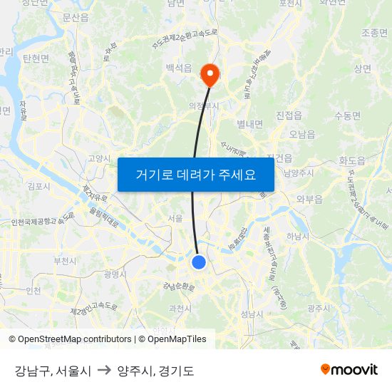 강남구, 서울시 to 양주시, 경기도 map