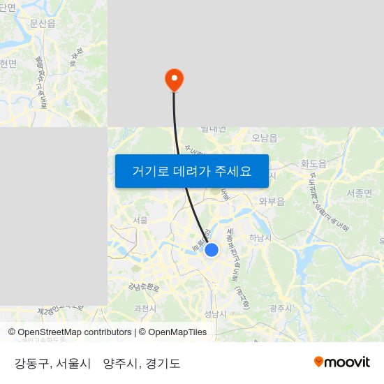 강동구, 서울시 to 양주시, 경기도 map