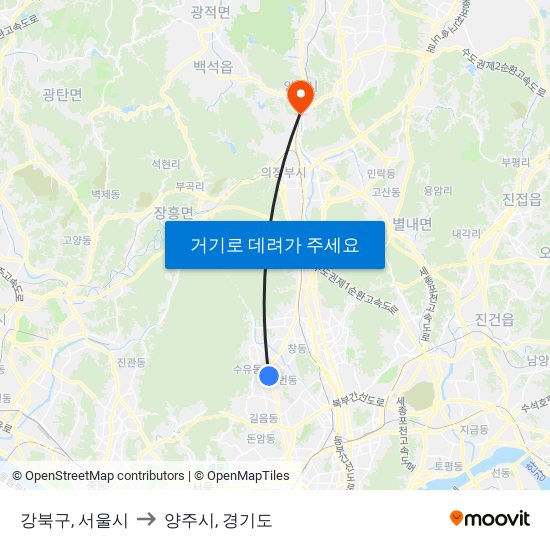 강북구, 서울시 to 양주시, 경기도 map