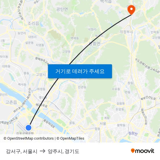 강서구, 서울시 to 양주시, 경기도 map