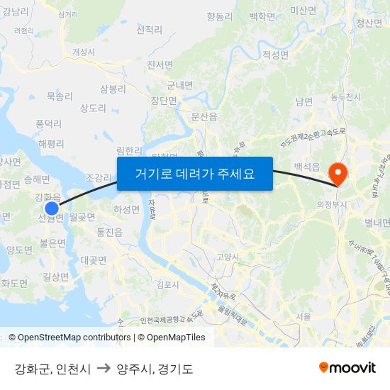 강화군, 인천시 to 양주시, 경기도 map