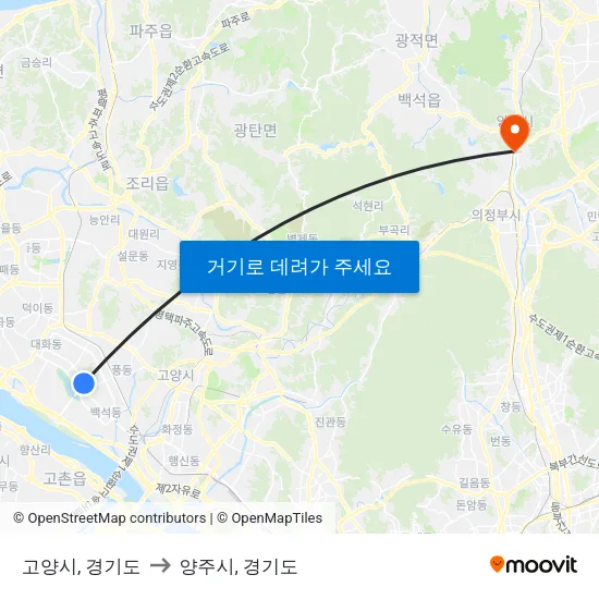 고양시, 경기도 to 양주시, 경기도 map