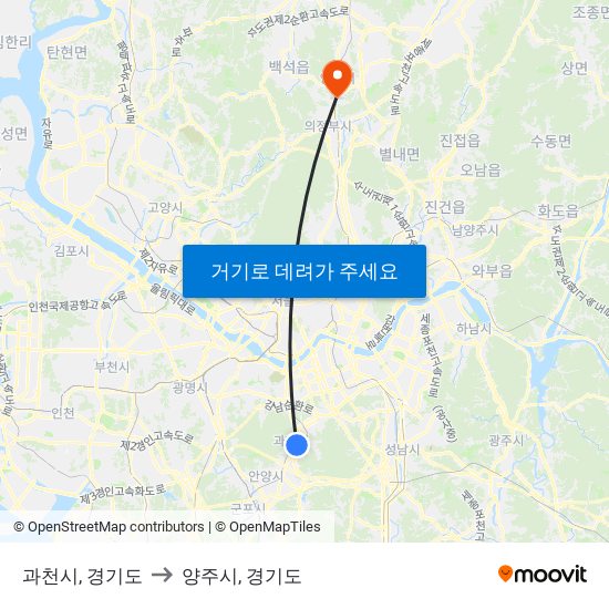 과천시, 경기도 to 양주시, 경기도 map