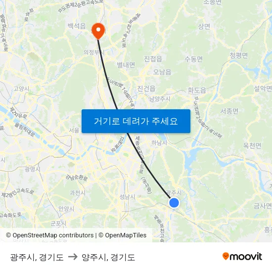 광주시, 경기도 to 양주시, 경기도 map