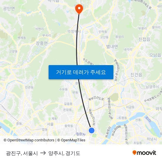 광진구, 서울시 to 양주시, 경기도 map