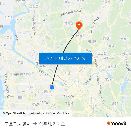 구로구, 서울시 to 양주시, 경기도 map