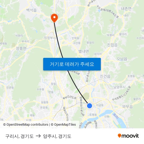 구리시, 경기도 to 양주시, 경기도 map