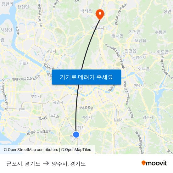 군포시, 경기도 to 양주시, 경기도 map