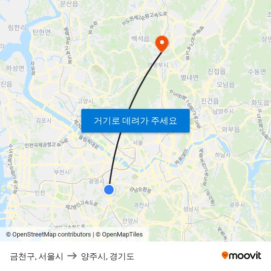 금천구, 서울시 to 양주시, 경기도 map