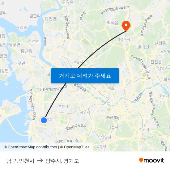 남구, 인천시 to 양주시, 경기도 map