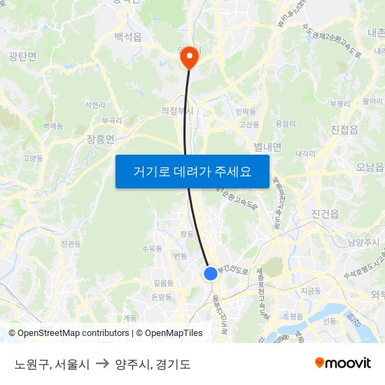 노원구, 서울시 to 양주시, 경기도 map