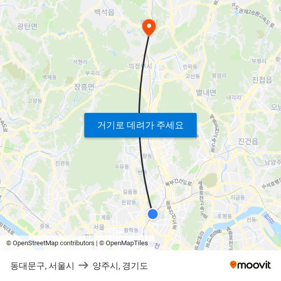 동대문구, 서울시 to 양주시, 경기도 map