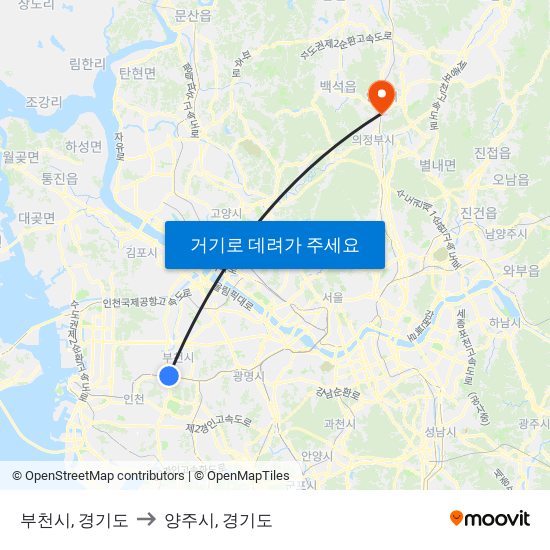 부천시, 경기도 to 양주시, 경기도 map