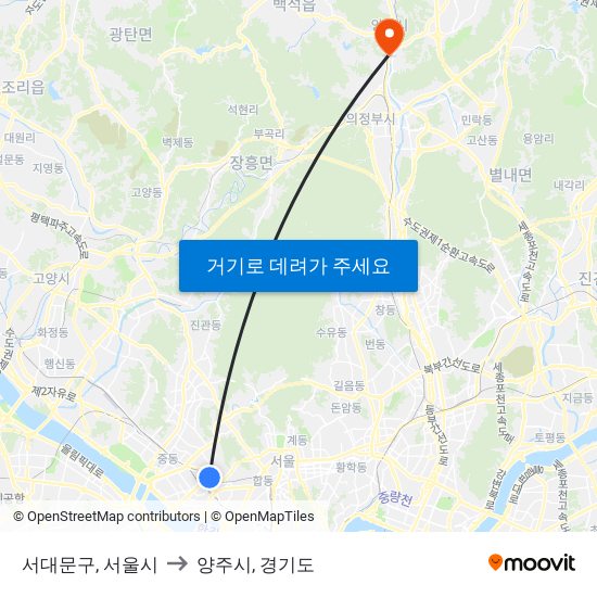 서대문구, 서울시 to 양주시, 경기도 map