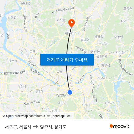 서초구, 서울시 to 양주시, 경기도 map