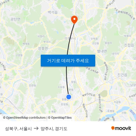 성북구, 서울시 to 양주시, 경기도 map