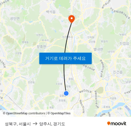 성북구, 서울시 to 양주시, 경기도 map