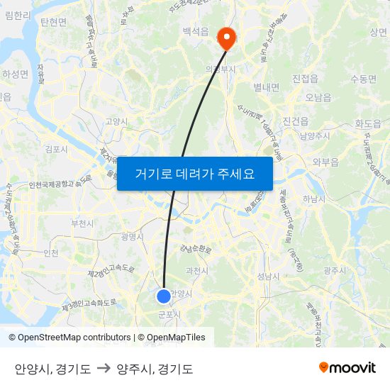 안양시, 경기도 to 양주시, 경기도 map