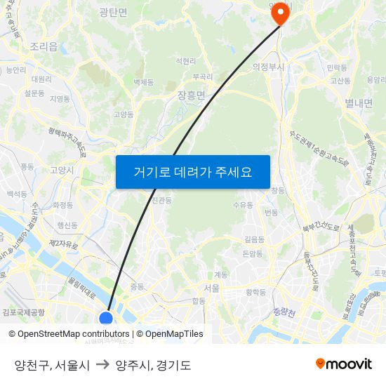 양천구, 서울시 to 양주시, 경기도 map