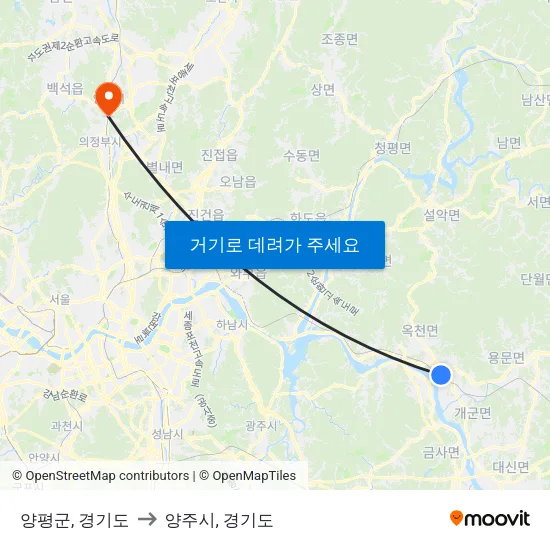 양평군, 경기도 to 양주시, 경기도 map