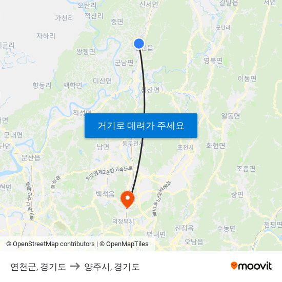 연천군, 경기도 to 양주시, 경기도 map