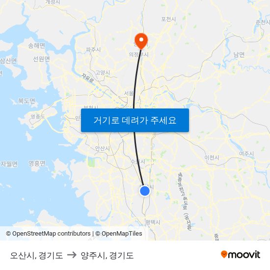 오산시, 경기도 to 양주시, 경기도 map