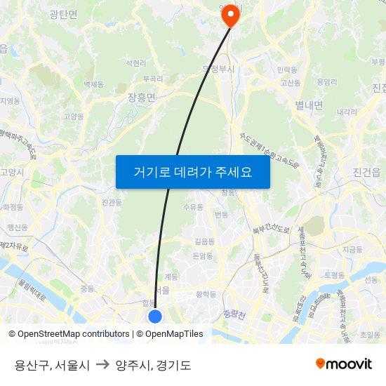 용산구, 서울시 to 양주시, 경기도 map