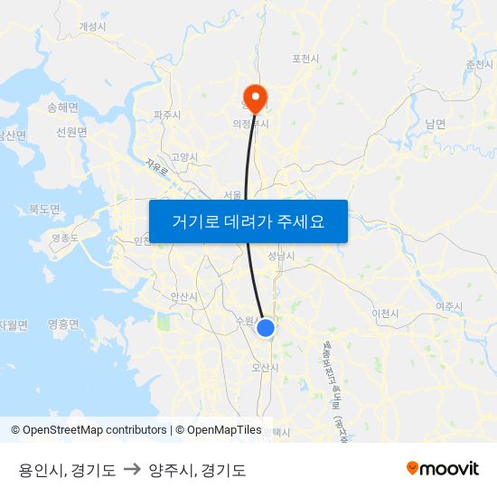 용인시, 경기도 to 양주시, 경기도 map