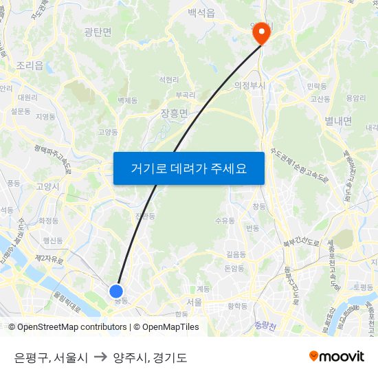 은평구, 서울시 to 양주시, 경기도 map