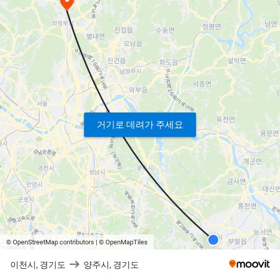 이천시, 경기도 to 양주시, 경기도 map