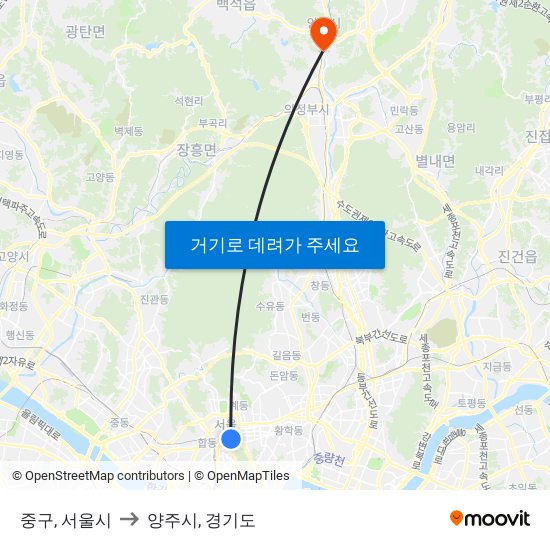 중구, 서울시 to 양주시, 경기도 map