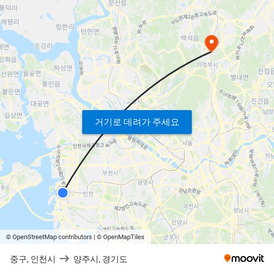 중구, 인천시 to 양주시, 경기도 map