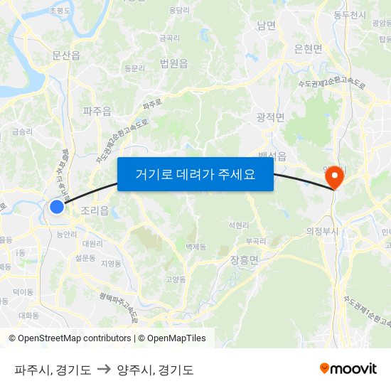 파주시, 경기도 to 양주시, 경기도 map