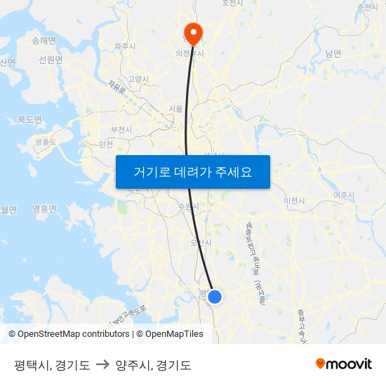 평택시, 경기도 to 양주시, 경기도 map