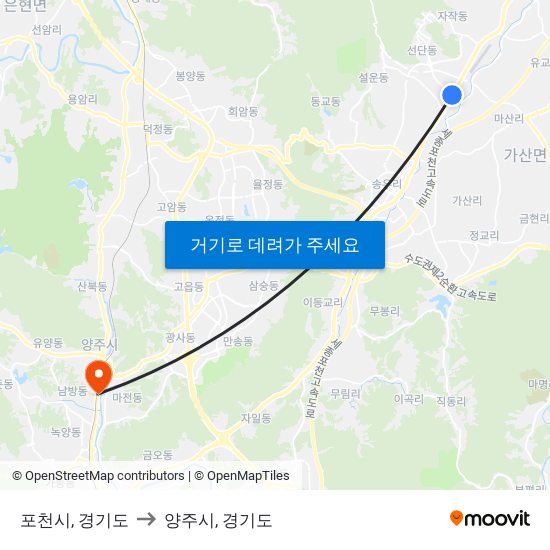 포천시, 경기도 to 양주시, 경기도 map