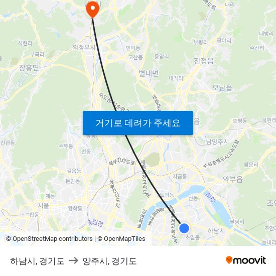 하남시, 경기도 to 양주시, 경기도 map