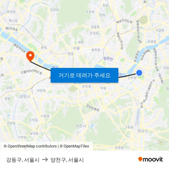 강동구, 서울시 to 양천구, 서울시 map