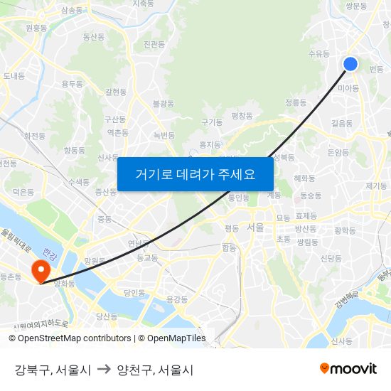 강북구, 서울시 to 양천구, 서울시 map