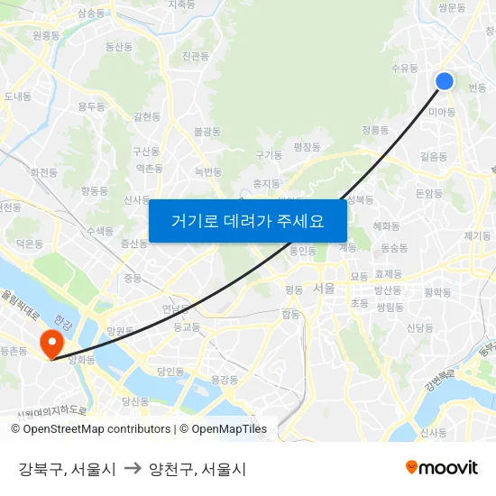 강북구, 서울시 to 양천구, 서울시 map