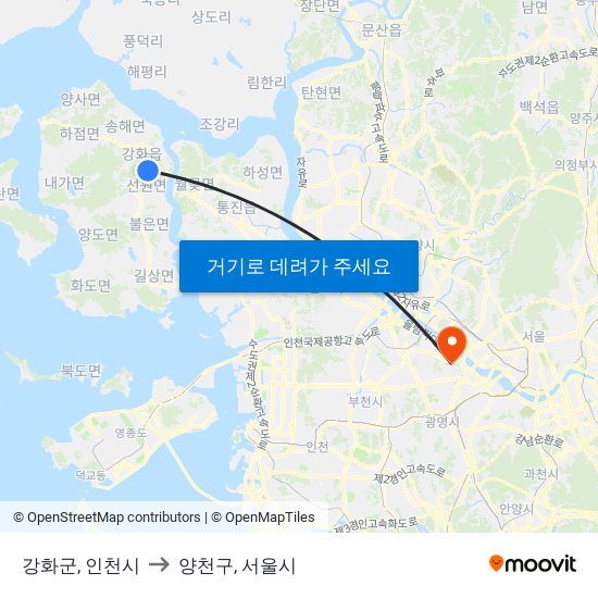 강화군, 인천시 to 양천구, 서울시 map