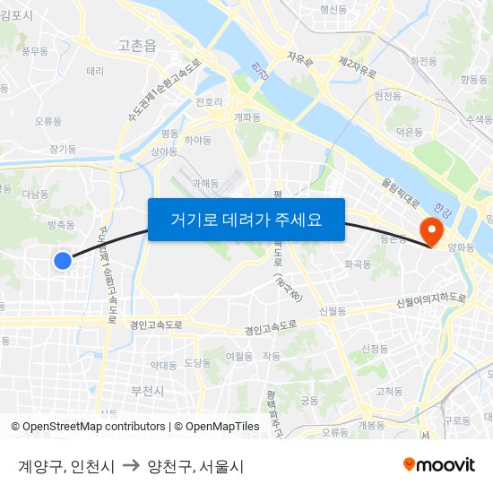 계양구, 인천시 to 양천구, 서울시 map