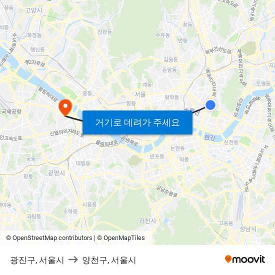 광진구, 서울시 to 양천구, 서울시 map