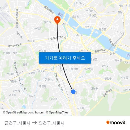 금천구, 서울시 to 양천구, 서울시 map