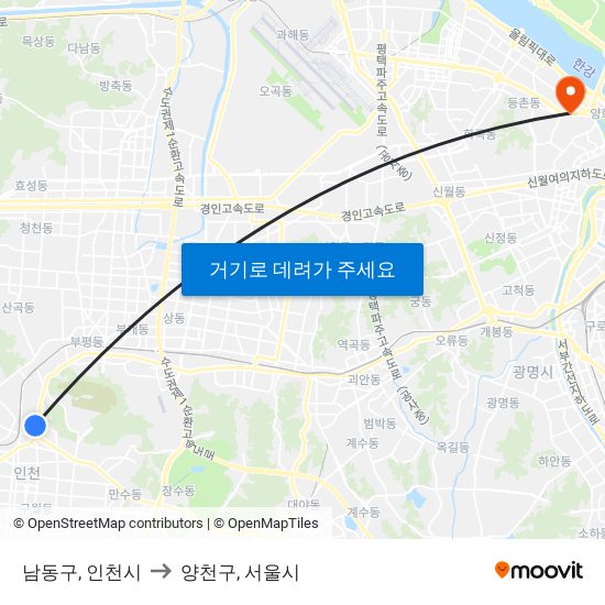 남동구, 인천시 to 양천구, 서울시 map